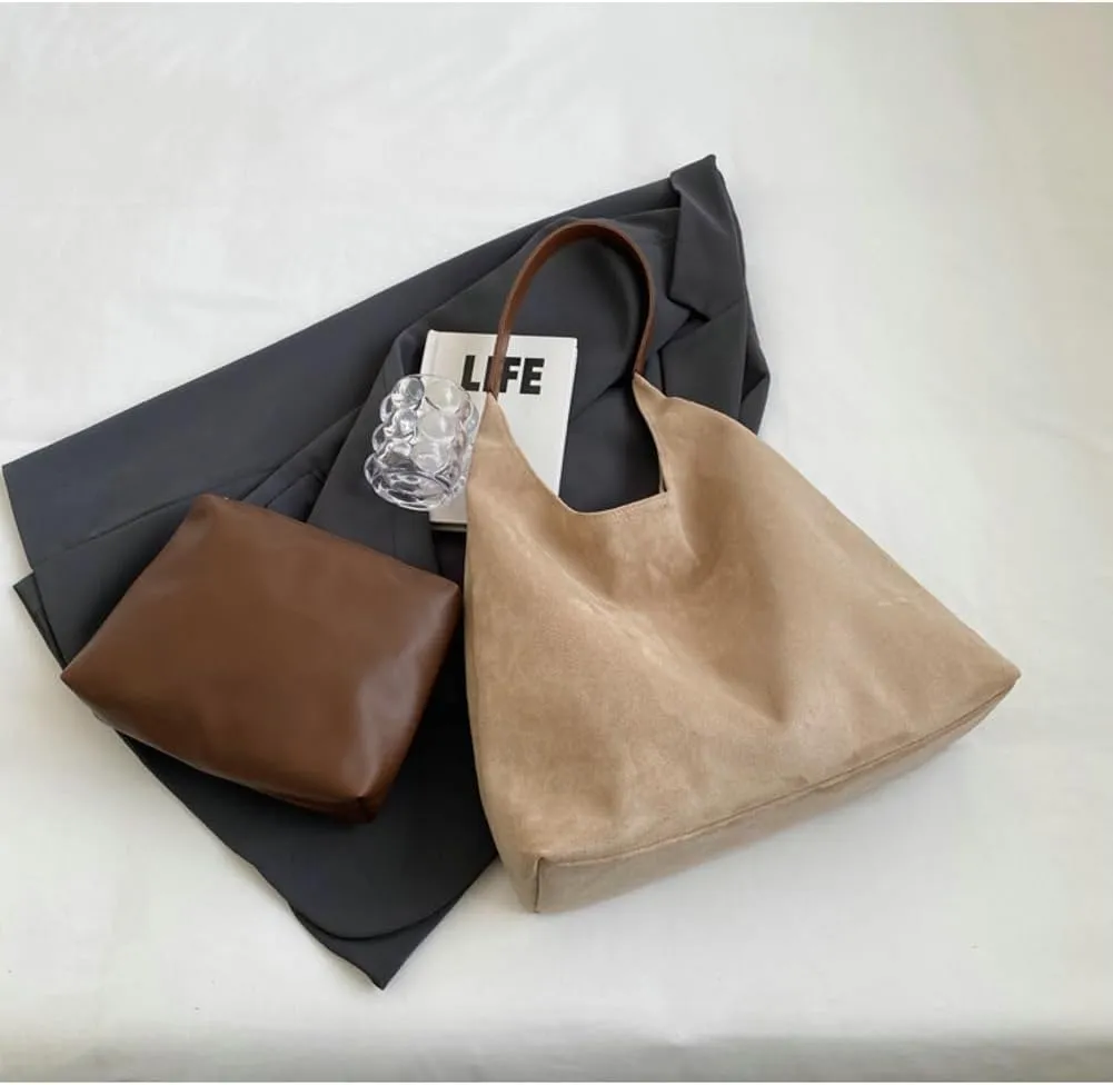 2 Pcs Slouchy Hobo Bags Women Suede Crescent Satchels Shoulder Bag Crossbody Purse Top-handle College Tote Handbag 2024