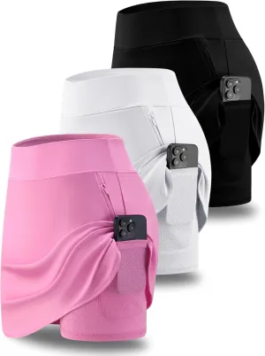 3 Pack Women's Athletic Skirts with Shorts Underneath, Tennis Golf Skorts Tummy Control Pockets for Workout Gym