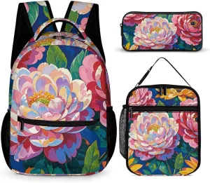 3 Pcs Backpack Set Flower Diamond Paintings Travel Bag Portable Casual Daypack Sports Backpacks with Lunch Box Pencil Case