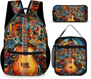 3 Pcs Backpack Set Music Series Travel Bag Portable Casual Daypack Sports Backpacks with Lunch Box Pencil Case