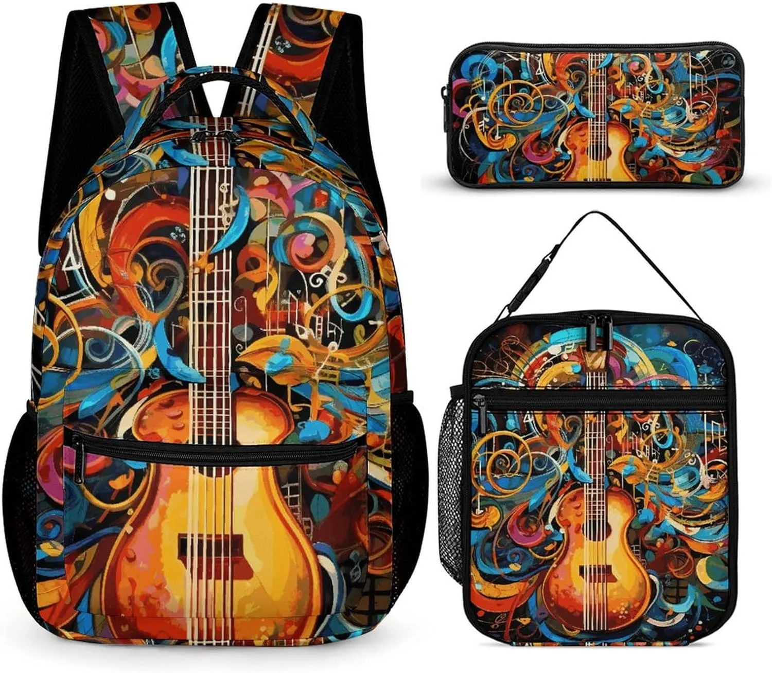 3 Pcs Backpack Set Music Series Travel Bag Portable Casual Daypack Sports Backpacks with Lunch Box Pencil Case