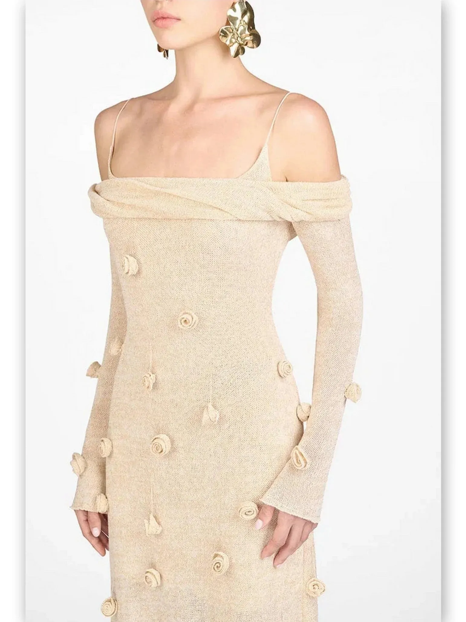 3D Beige Floral Applique Off-Shoulder Gown