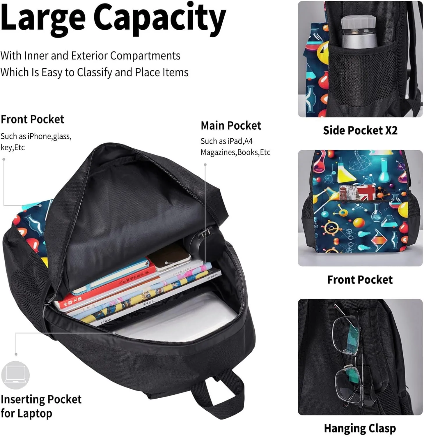 Abstract Science Chemistry Print 3pcs Casual Backpack With Lunch Box Unisex Adjustable Backpack,Travel Laptop Backpack
