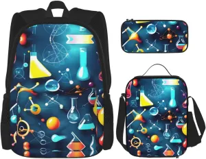 Abstract Science Chemistry Print 3pcs Casual Backpack With Lunch Box Unisex Adjustable Backpack,Travel Laptop Backpack