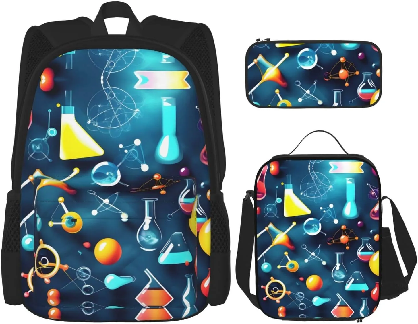 Abstract Science Chemistry Print 3pcs Casual Backpack With Lunch Box Unisex Adjustable Backpack,Travel Laptop Backpack