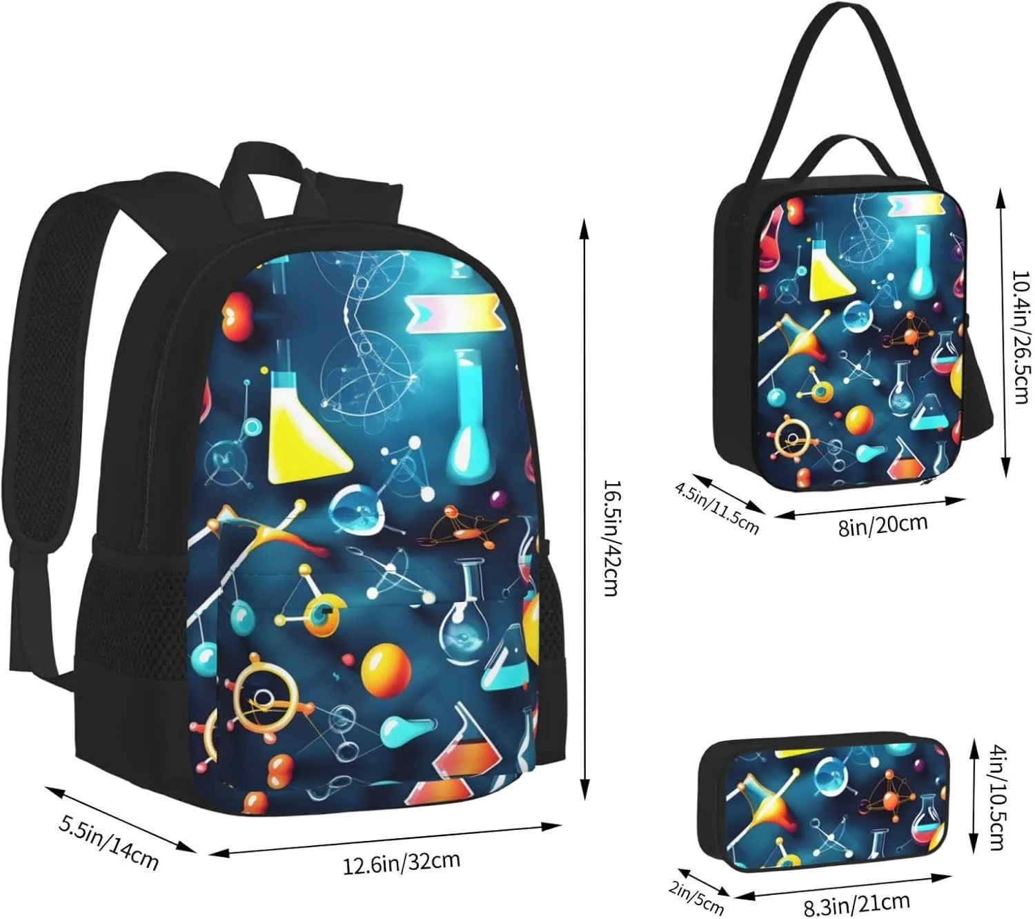 Abstract Science Chemistry Print 3pcs Casual Backpack With Lunch Box Unisex Adjustable Backpack,Travel Laptop Backpack