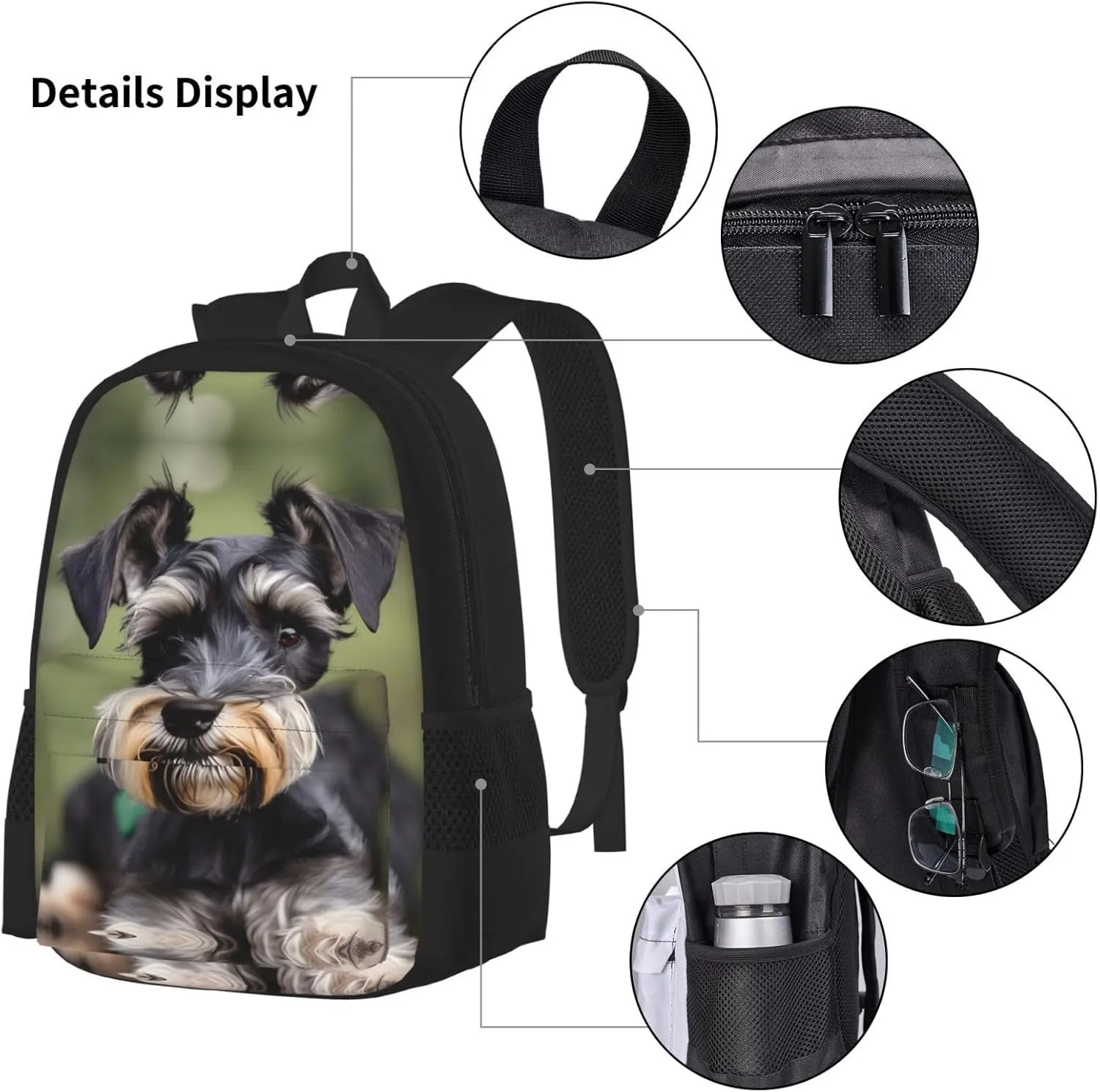 Adorable Schnauzer Print 3pcs Casual Backpack With Lunch Box Unisex Adjustable Backpack,Travel Laptop Backpack