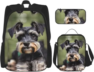Adorable Schnauzer Print 3pcs Casual Backpack With Lunch Box Unisex Adjustable Backpack,Travel Laptop Backpack