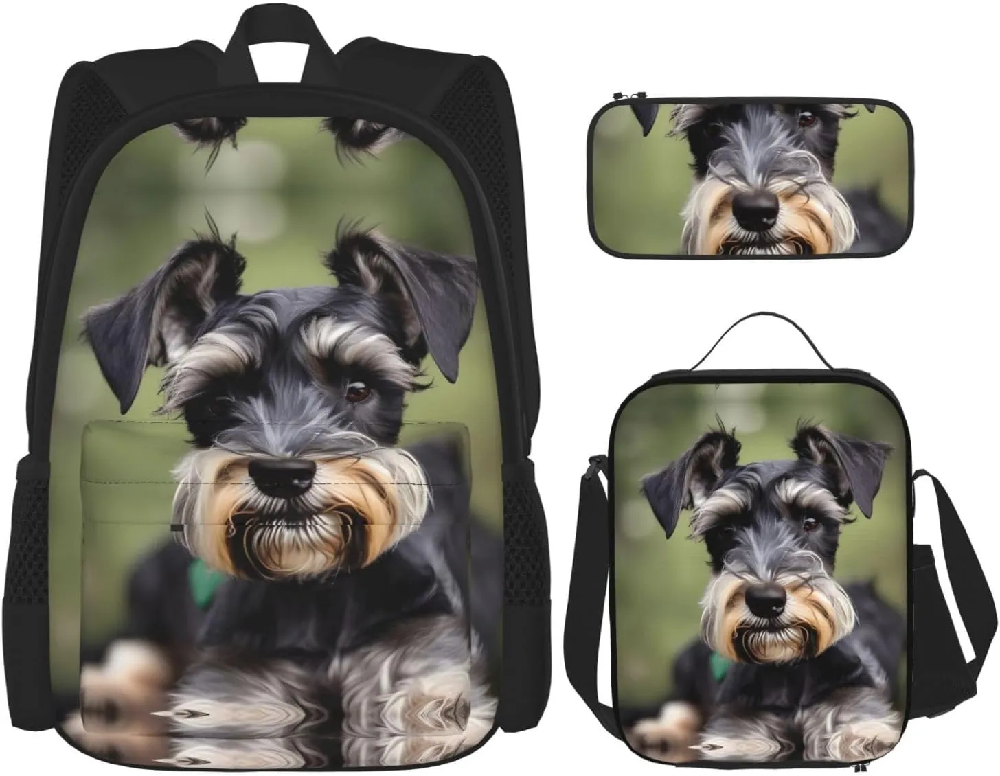 Adorable Schnauzer Print 3pcs Casual Backpack With Lunch Box Unisex Adjustable Backpack,Travel Laptop Backpack