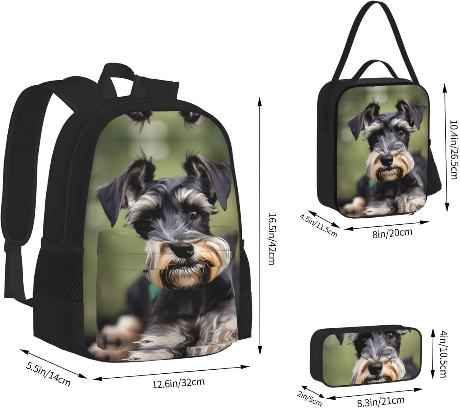 Adorable Schnauzer Print 3pcs Casual Backpack With Lunch Box Unisex Adjustable Backpack,Travel Laptop Backpack