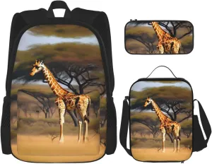 Africa Giraffe Majestic Tree Print 3pcs Casual Backpack With Lunch Box Unisex Adjustable Backpack,Travel Laptop Backpack