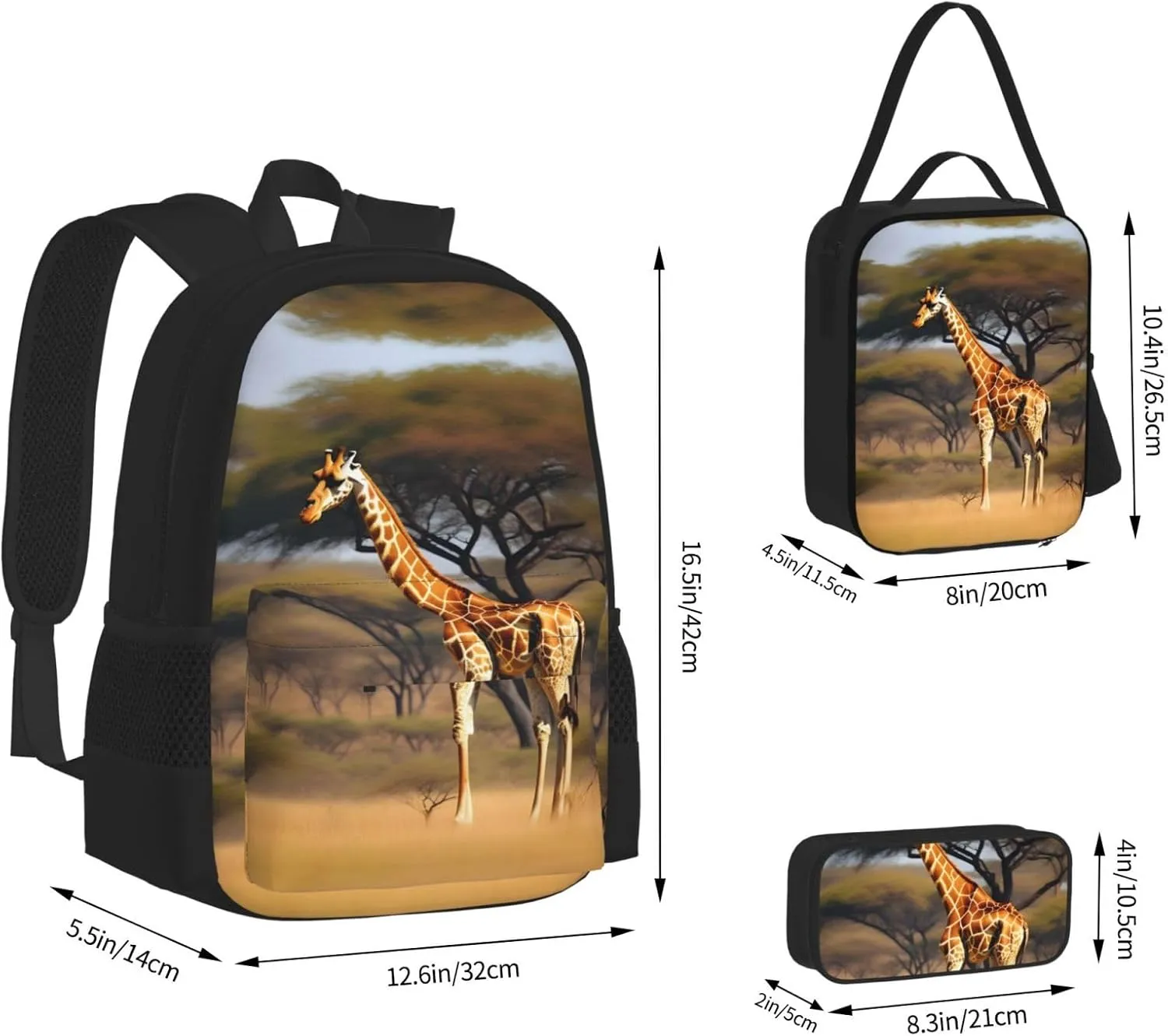 Africa Giraffe Majestic Tree Print 3pcs Casual Backpack With Lunch Box Unisex Adjustable Backpack,Travel Laptop Backpack