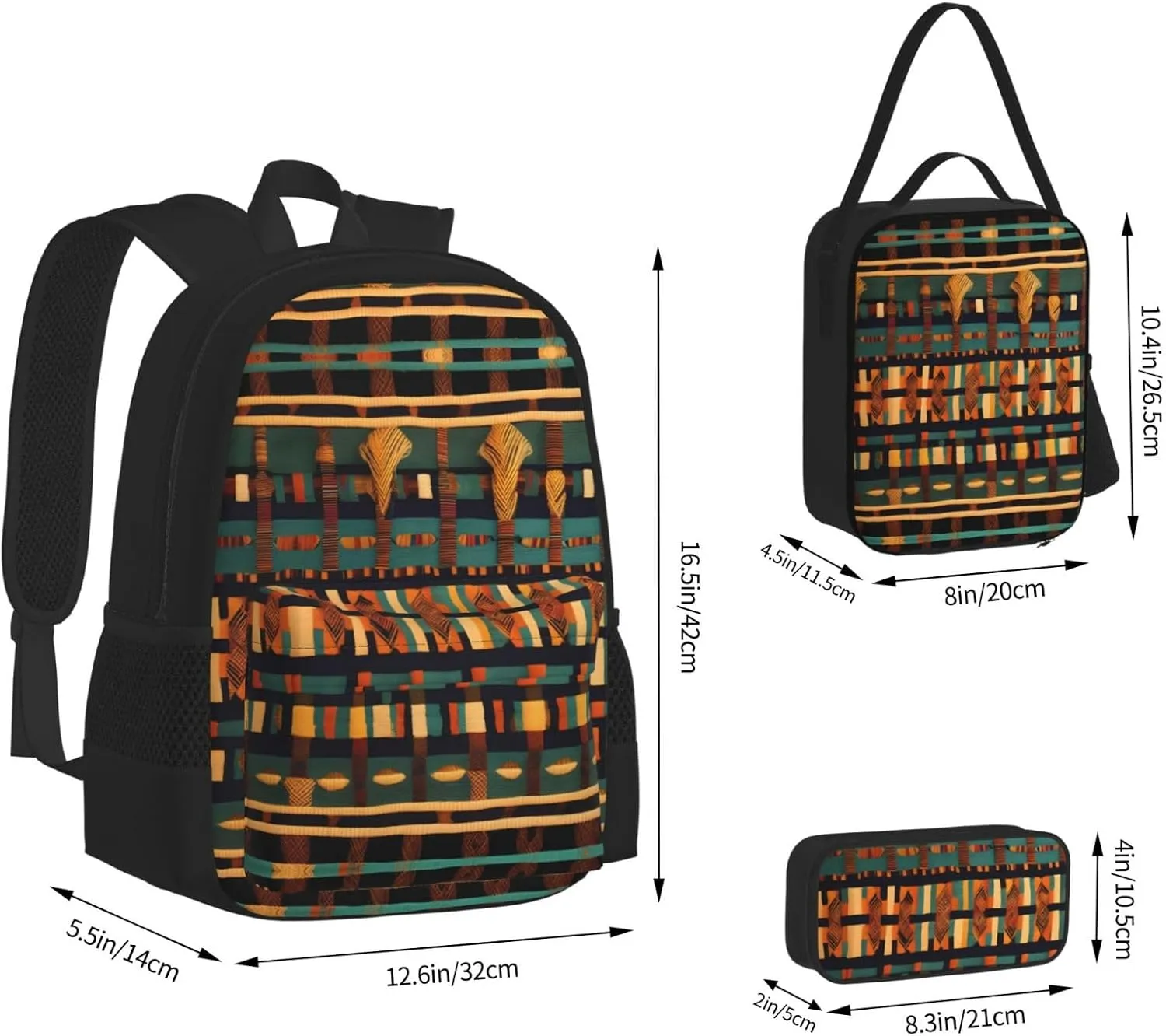 African Classic Weave Print 3pcs Casual Backpack With Lunch Box Unisex Adjustable Backpack,Travel Laptop Backpack
