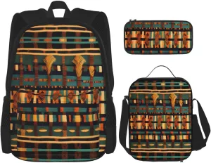 African Classic Weave Print 3pcs Casual Backpack With Lunch Box Unisex Adjustable Backpack,Travel Laptop Backpack