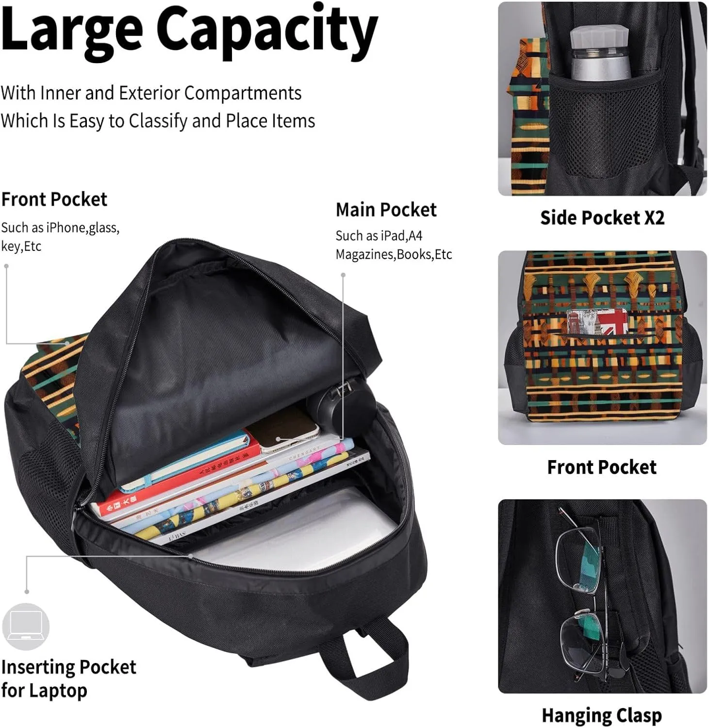 African Classic Weave Print 3pcs Casual Backpack With Lunch Box Unisex Adjustable Backpack,Travel Laptop Backpack