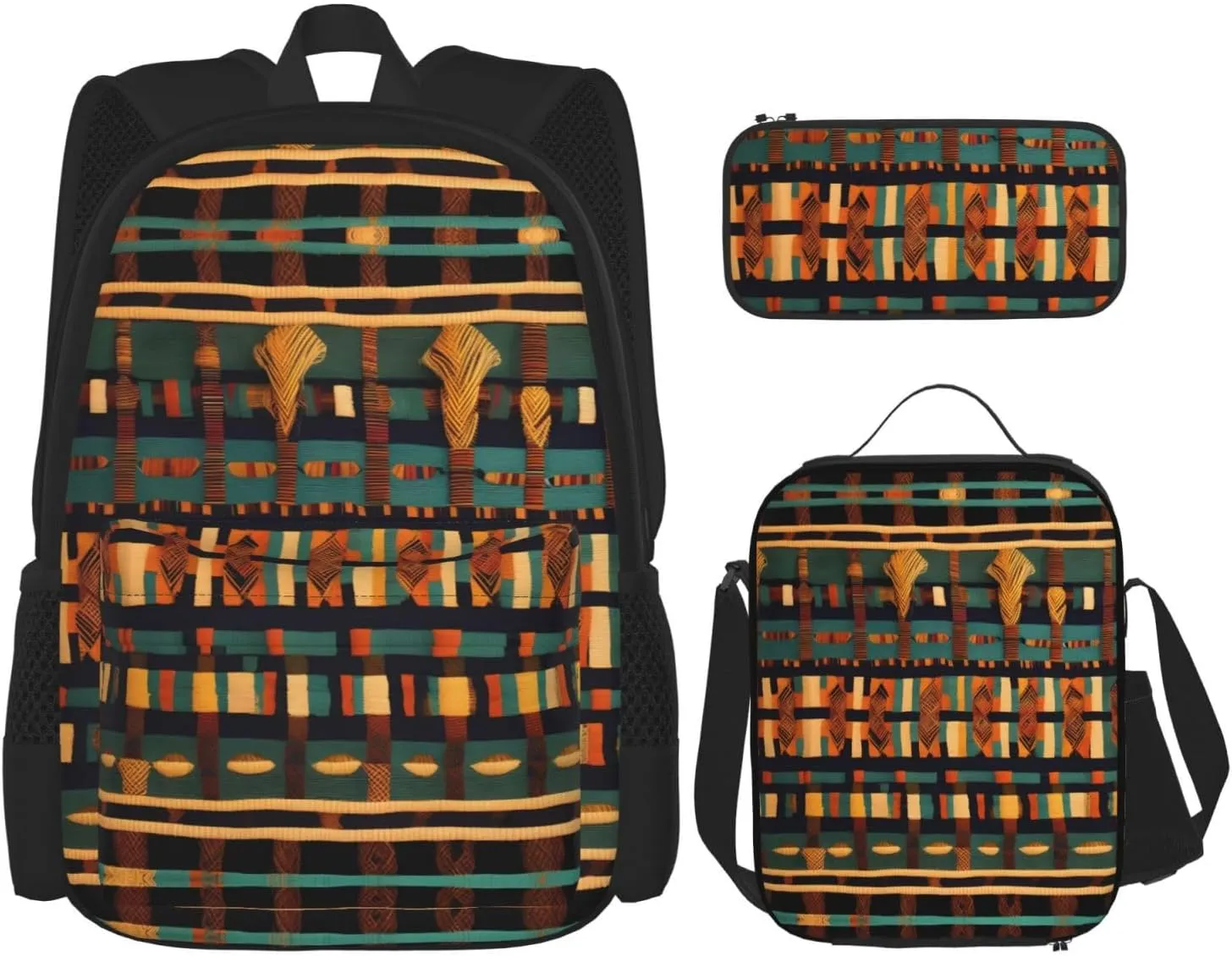 African Classic Weave Print 3pcs Casual Backpack With Lunch Box Unisex Adjustable Backpack,Travel Laptop Backpack