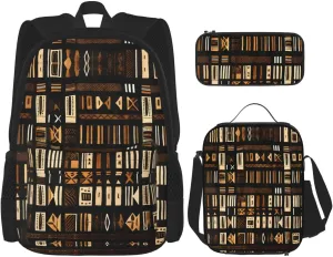 African Mud Cloth Tribal Print 3pcs Casual Backpack With Lunch Box Unisex Adjustable Backpack,Travel Laptop Backpack