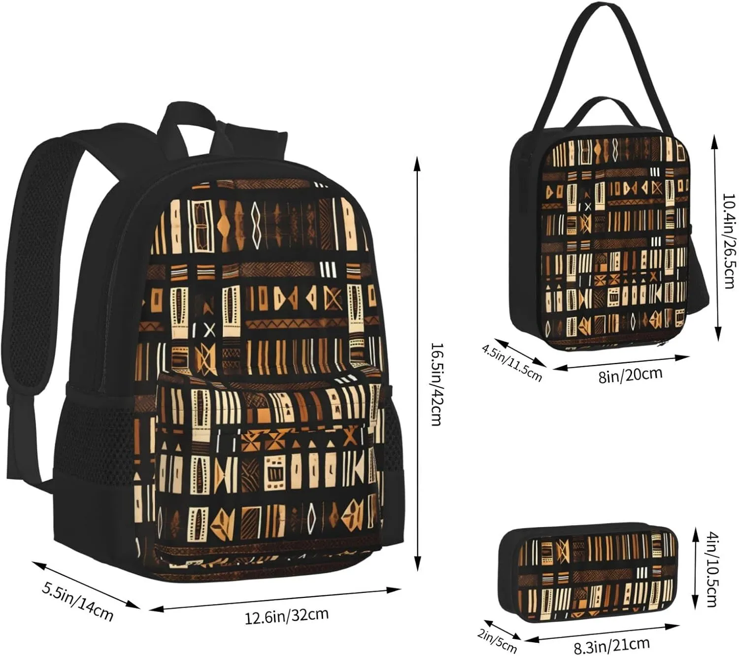 African Mud Cloth Tribal Print 3pcs Casual Backpack With Lunch Box Unisex Adjustable Backpack,Travel Laptop Backpack