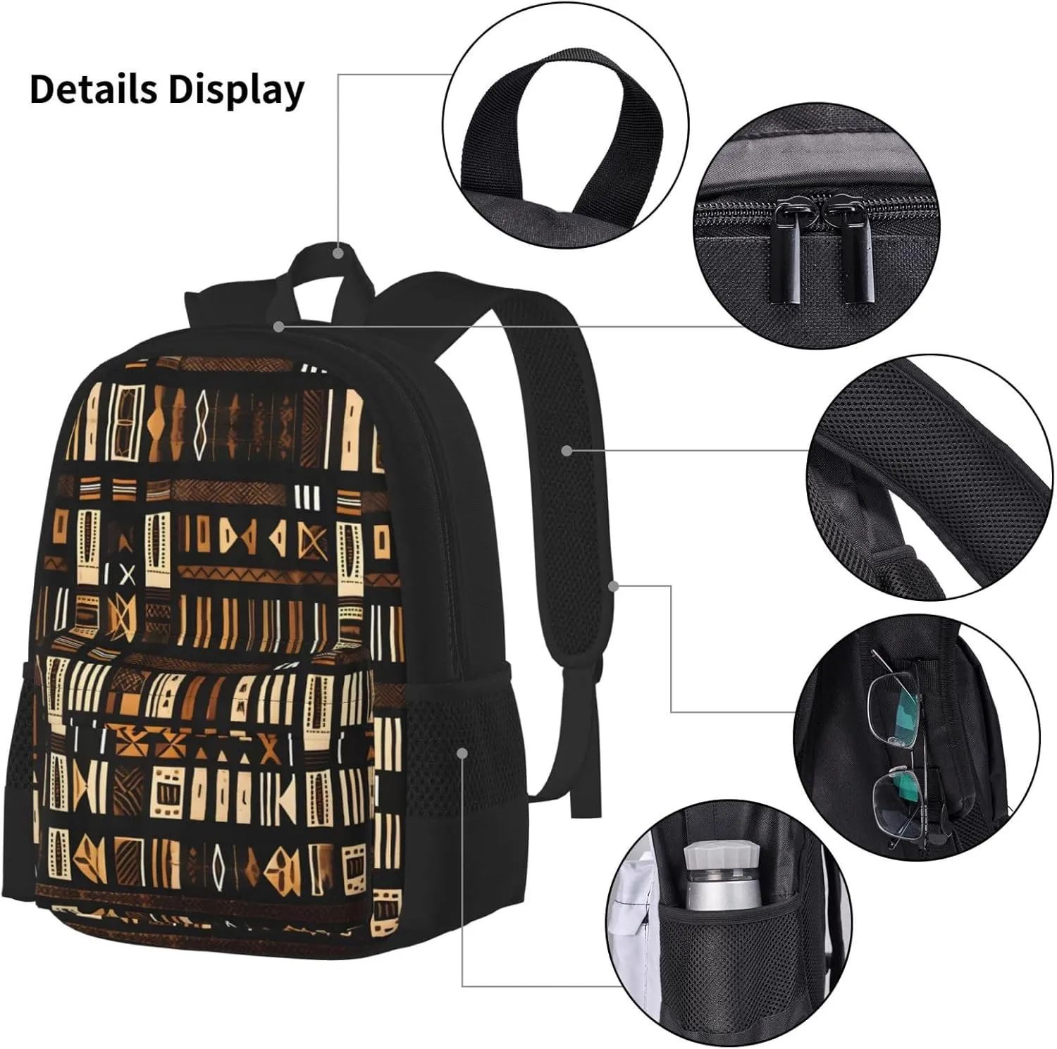 African Mud Cloth Tribal Print 3pcs Casual Backpack With Lunch Box Unisex Adjustable Backpack,Travel Laptop Backpack