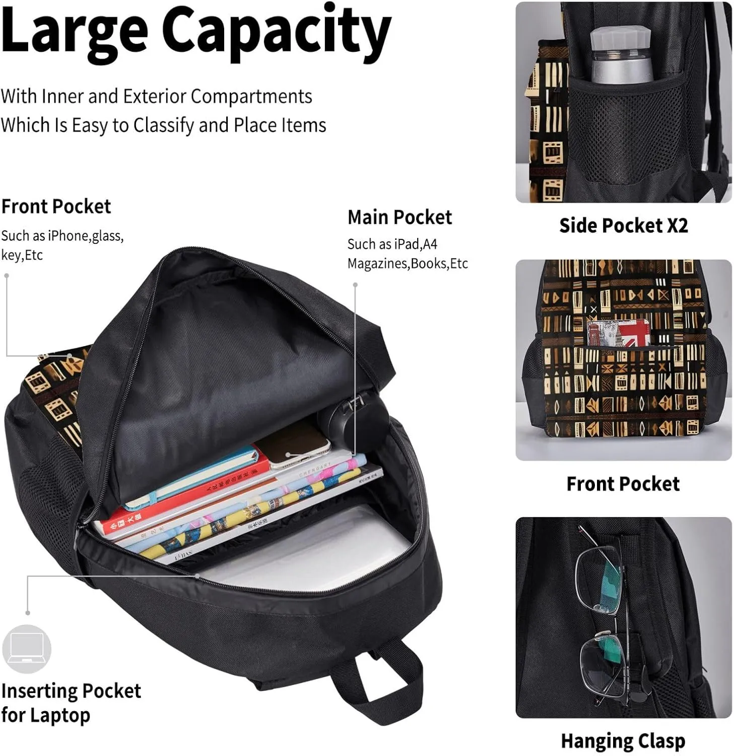 African Mud Cloth Tribal Print 3pcs Casual Backpack With Lunch Box Unisex Adjustable Backpack,Travel Laptop Backpack