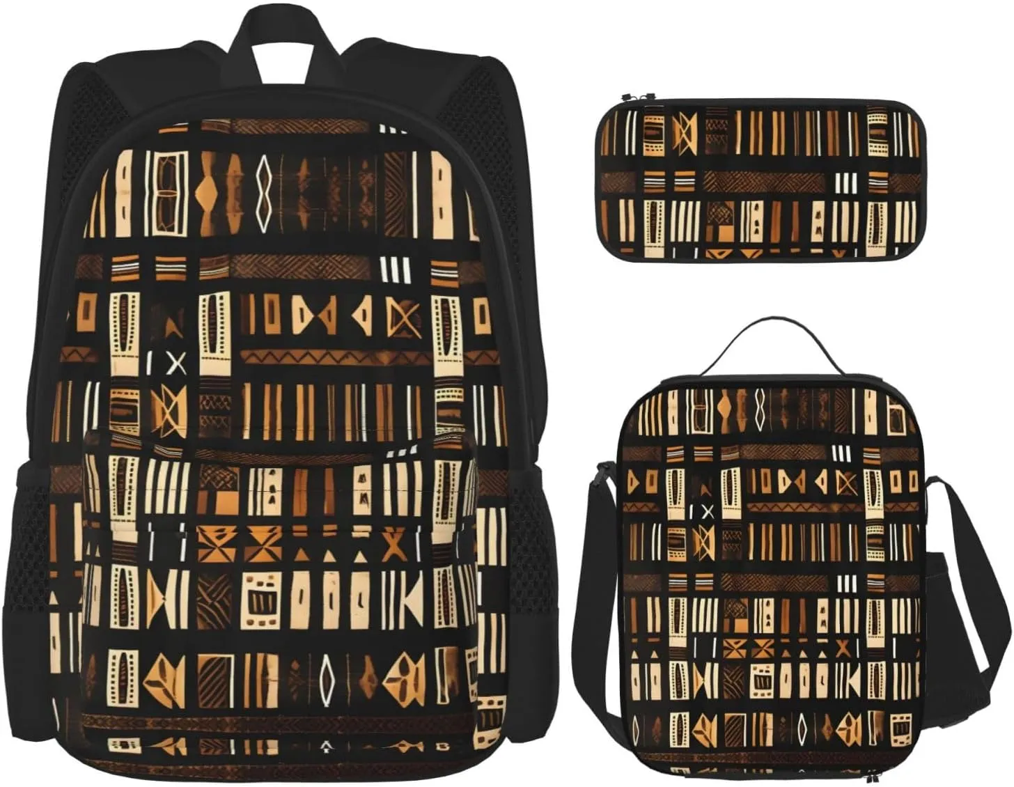 African Mud Cloth Tribal Print 3pcs Casual Backpack With Lunch Box Unisex Adjustable Backpack,Travel Laptop Backpack