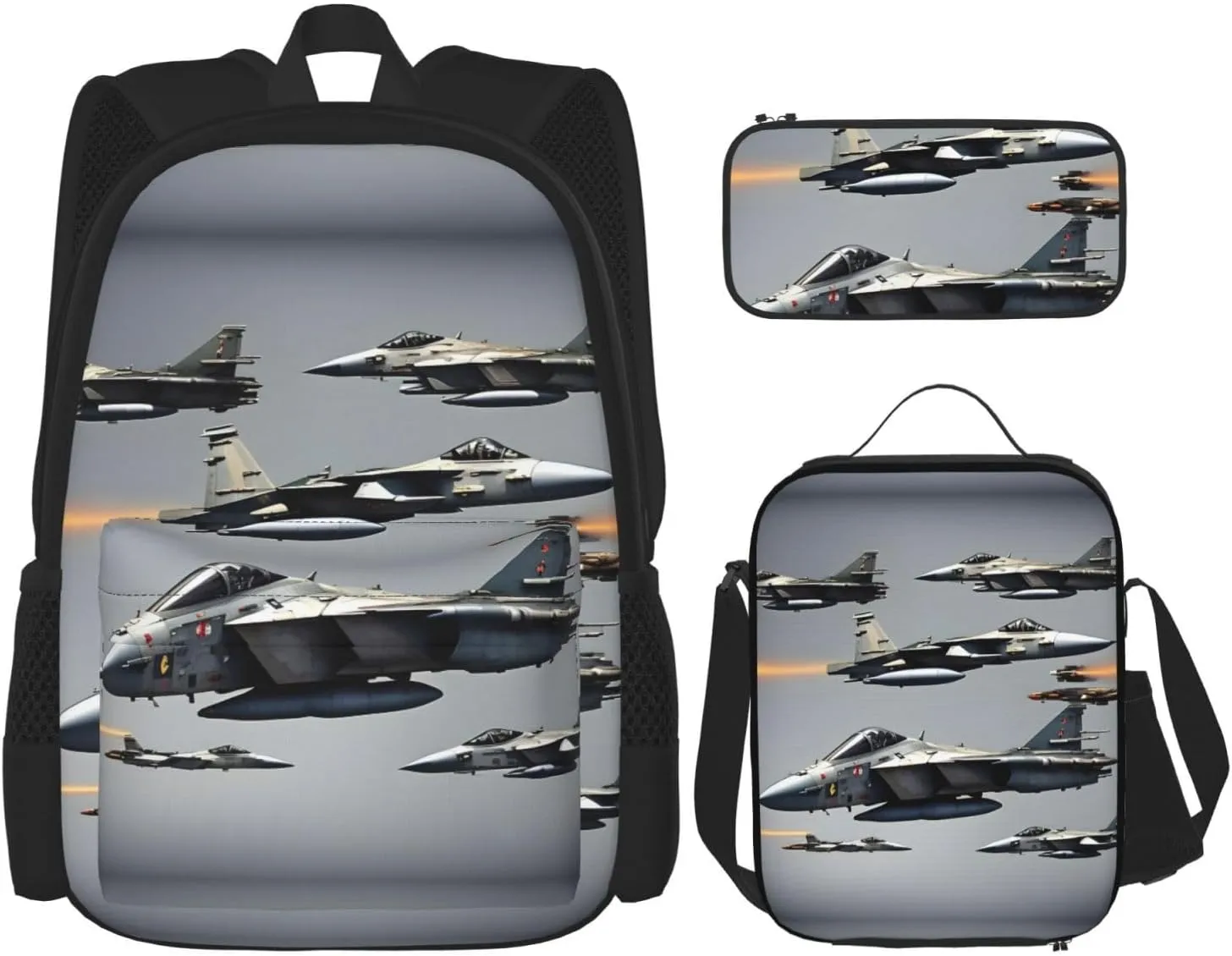 Aircraft Fighter Jets Print 3pcs Casual Backpack With Lunch Box Unisex Adjustable Backpack,Travel Laptop Backpack