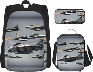 Aircraft Fighter Jets Print 3pcs Casual Backpack With Lunch Box Unisex Adjustable Backpack,Travel Laptop Backpack