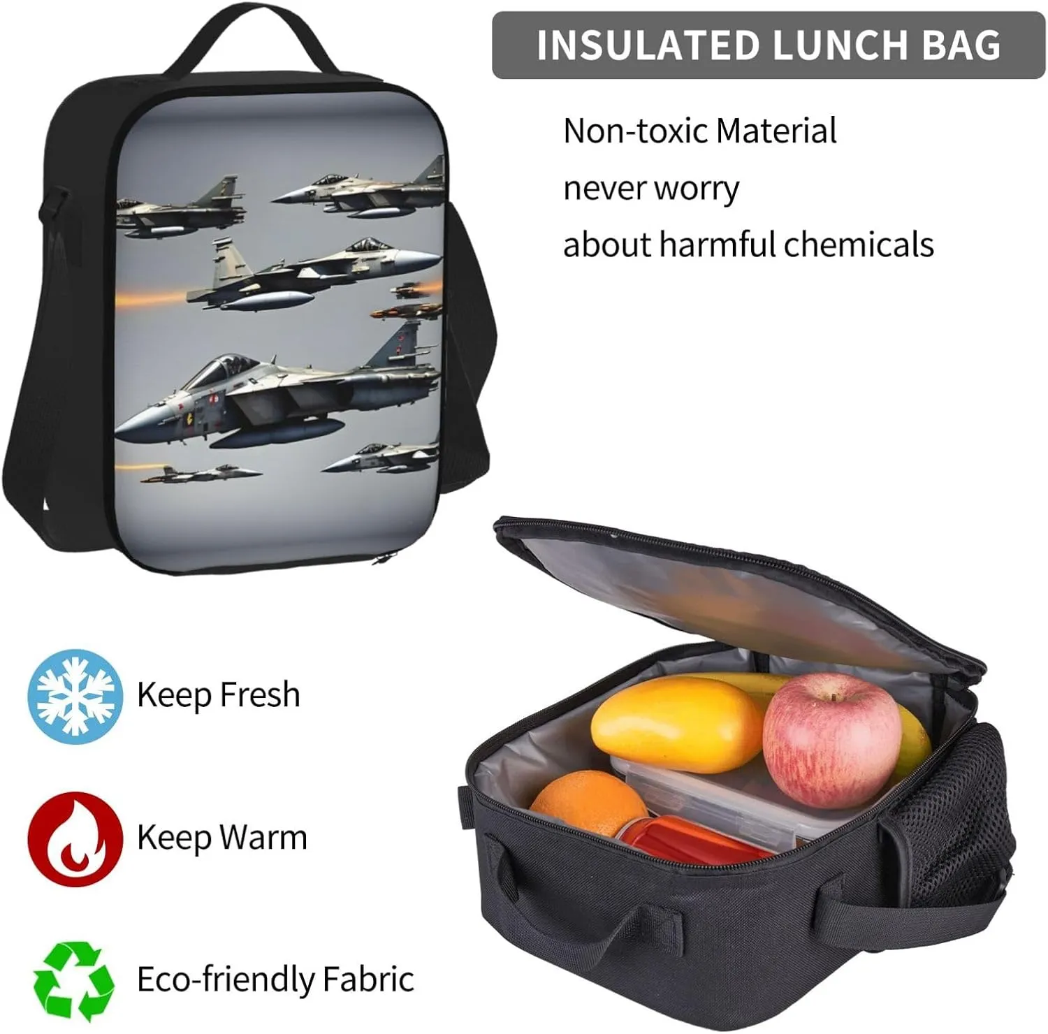 Aircraft Fighter Jets Print 3pcs Casual Backpack With Lunch Box Unisex Adjustable Backpack,Travel Laptop Backpack
