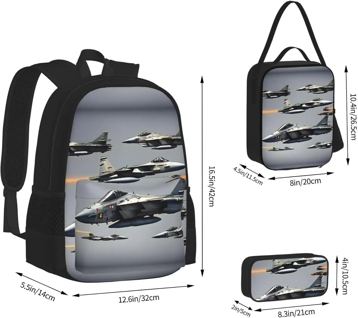 Aircraft Fighter Jets Print 3pcs Casual Backpack With Lunch Box Unisex Adjustable Backpack,Travel Laptop Backpack