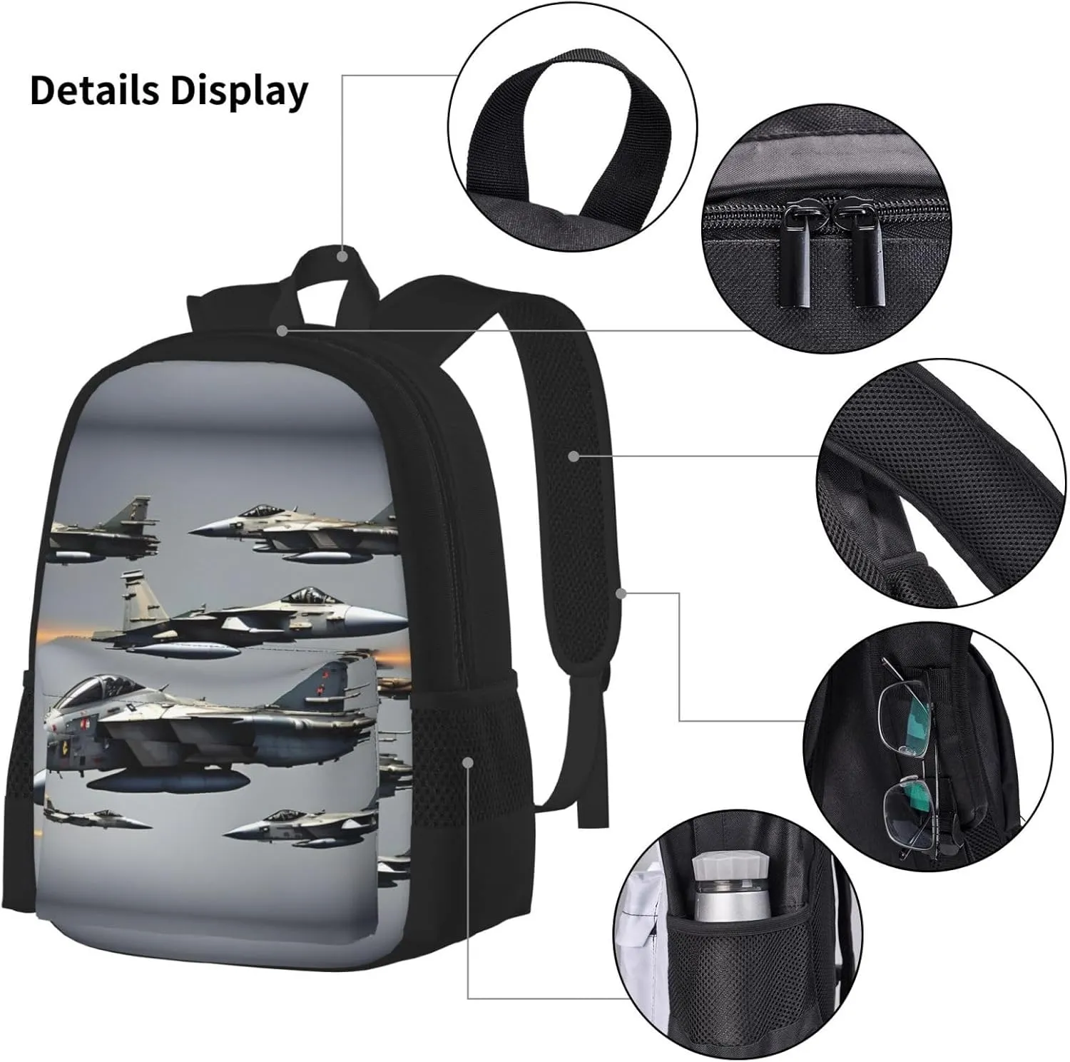Aircraft Fighter Jets Print 3pcs Casual Backpack With Lunch Box Unisex Adjustable Backpack,Travel Laptop Backpack