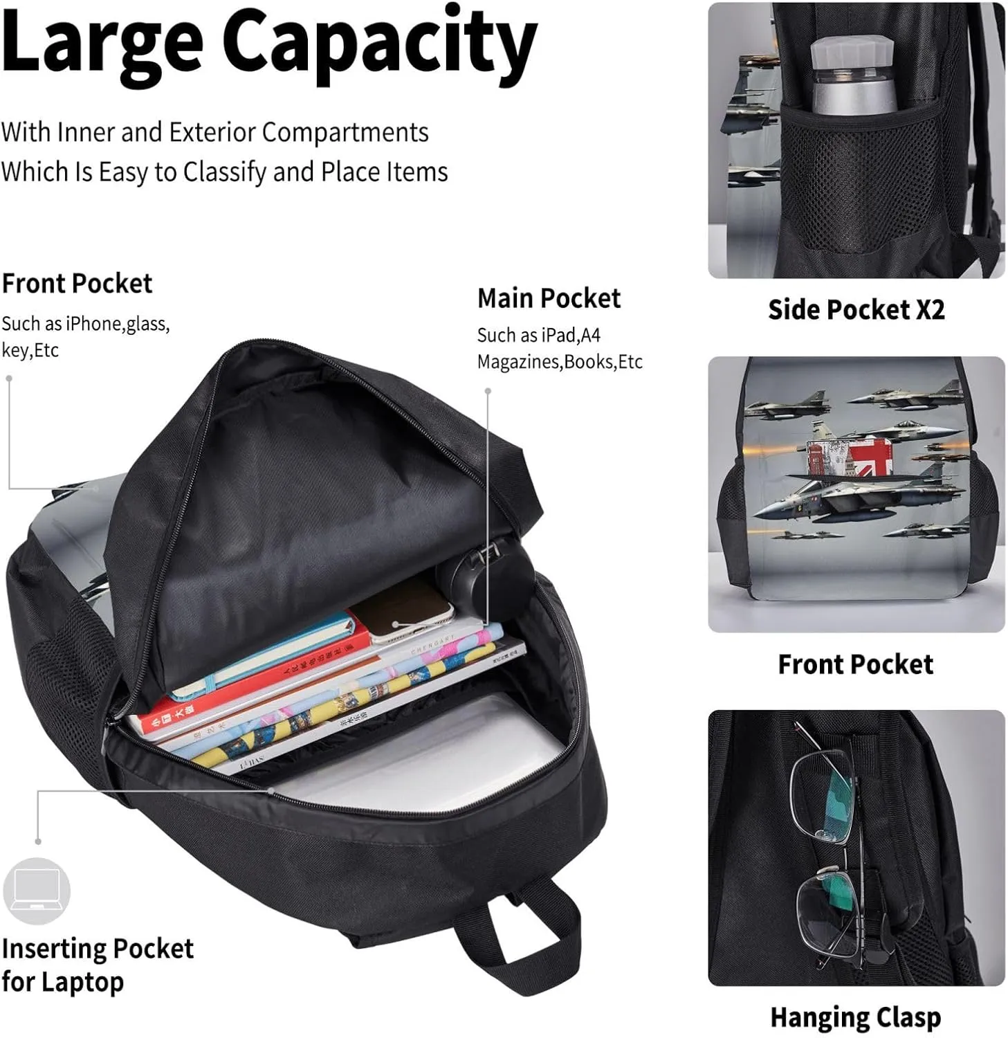 Aircraft Fighter Jets Print 3pcs Casual Backpack With Lunch Box Unisex Adjustable Backpack,Travel Laptop Backpack