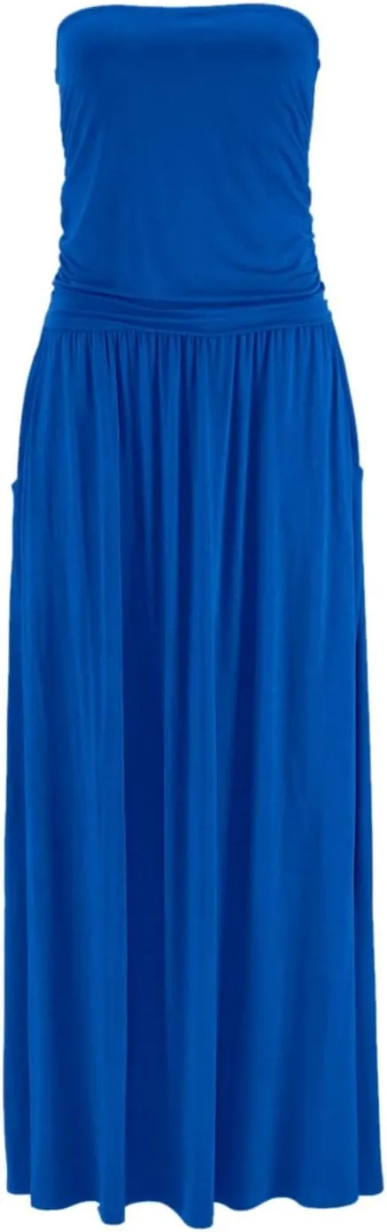 Alaster Queen Womens Strapless Bandeau Summer Long Floral Dress Off Shoulder Beach Maxi Dress with Pockets