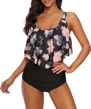 American Trends High Waisted Bikini Sets Ruffled Flounce 2 Piece Bathing Suit Plus Size Tankini Swimsuits for Women Sexy