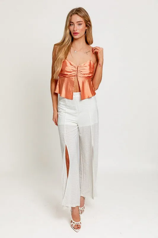 Apricot Spaghetti Strap Hook&Eye Detail Satin Top