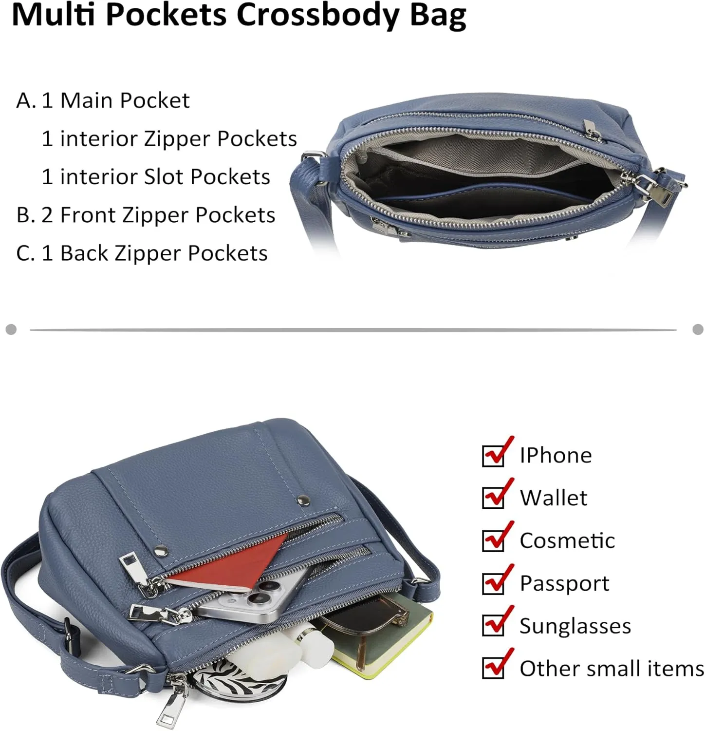 befen Genuine Leather Small Crossbody Bags Purses for Women Pocketbooks Shoulder Bag Satchel Purse with Multi Zipper Pockets
