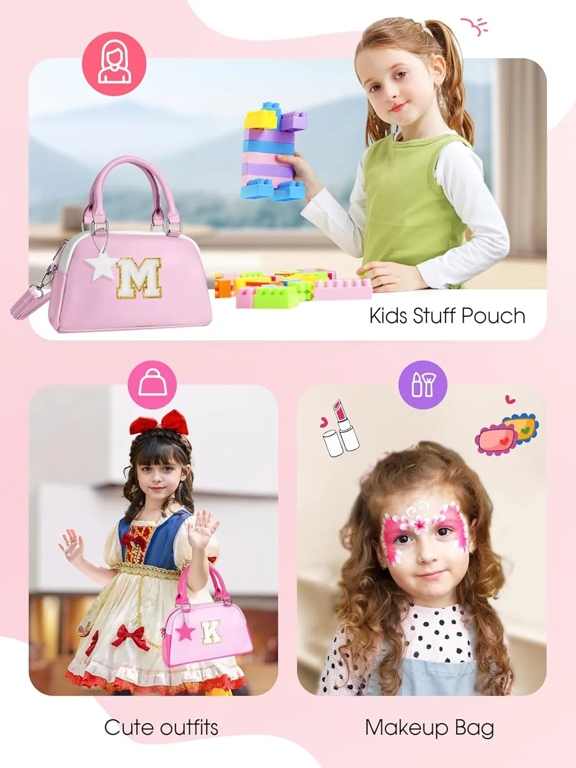 Birthday Gifts for 4 5 6 7 8 9 10 11 12, Girls Purse Kids Handle Bag, Crossbody Bags for Girl Preteens Teens, Initial bag for makeup kits, kids girls gift, Handbag-baby pink-D