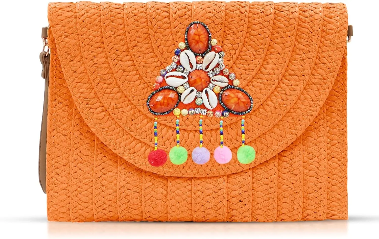Bohemian Clutch Purses for Women, Orange Beach Bag, Crossbody Bags, Hand-Woven Straw Envelope Package