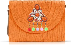 Bohemian Clutch Purses for Women, Orange Beach Bag, Crossbody Bags, Hand-Woven Straw Envelope Package