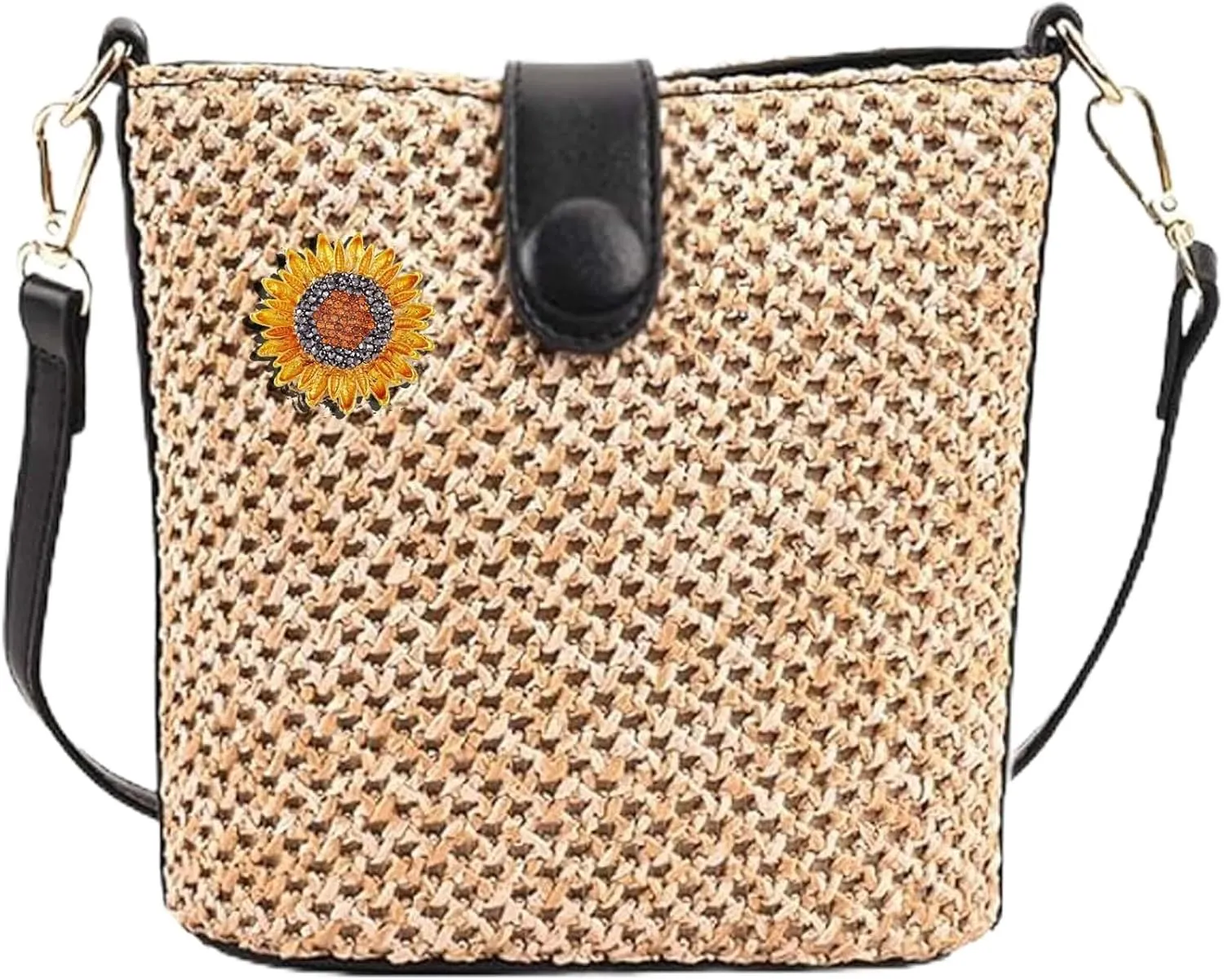 Boho Women's Handmade Straw Crossbody Bag with Leather Straps for Beach Vacation Hand Woven Rattan Shoulder Bag Clutch Purse