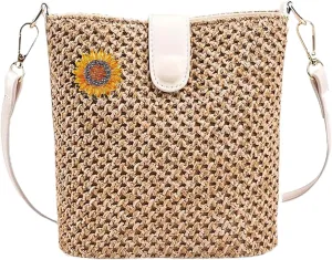 Boho Women's Handmade Straw Crossbody Bag with Leather Straps for Beach Vacation Hand Woven Rattan Shoulder Bag Clutch Purse