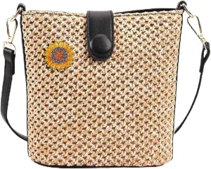 Boho Women's Handmade Straw Crossbody Bag with Leather Straps for Beach Vacation Hand Woven Rattan Shoulder Bag Clutch Purse