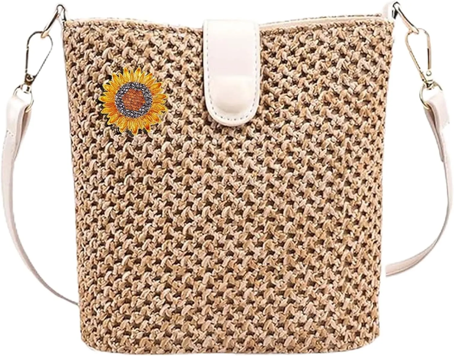 Boho Women's Handmade Straw Crossbody Bag with Leather Straps for Beach Vacation Hand Woven Rattan Shoulder Bag Clutch Purse