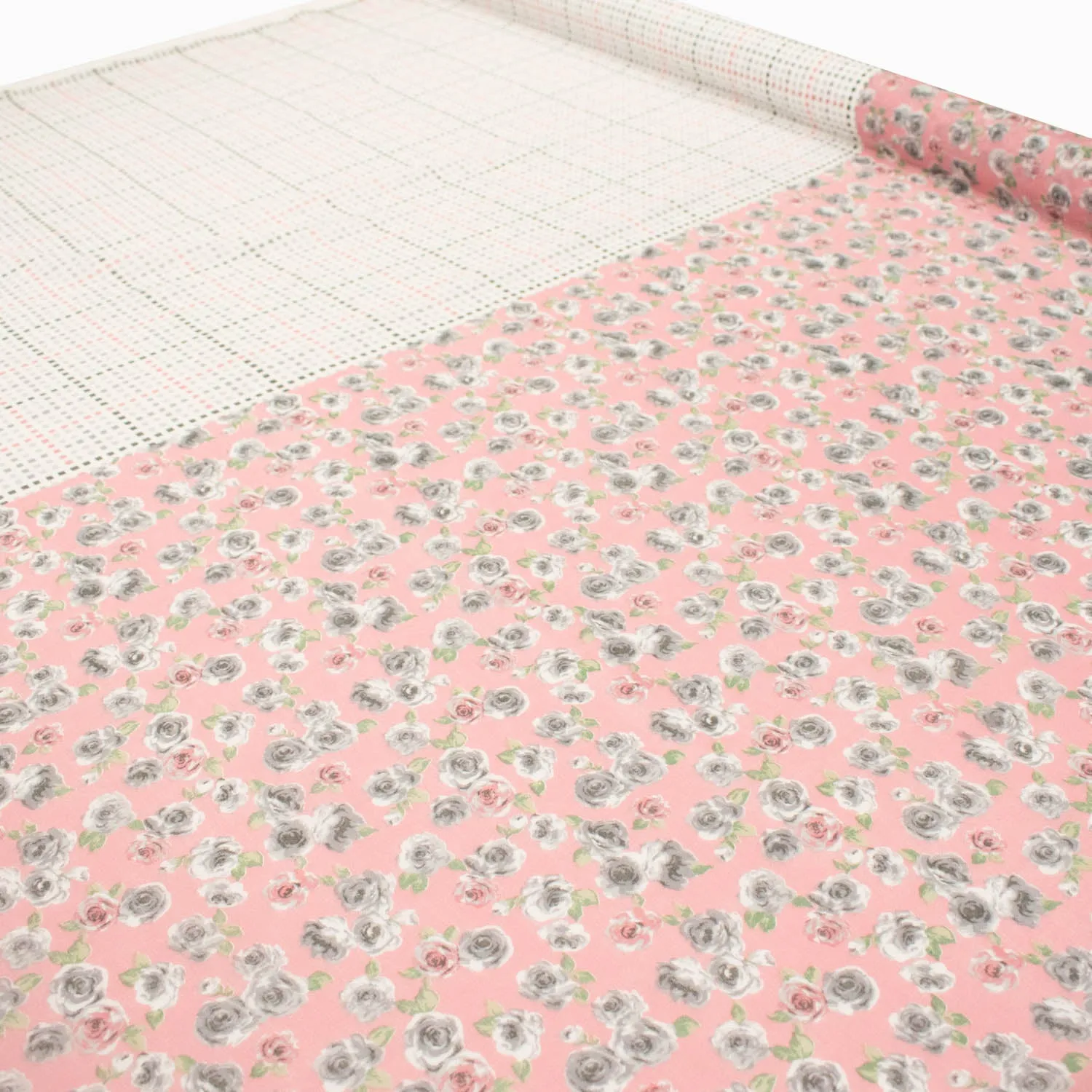 Border Printed Cotton Voile Design-15 Grey & Pink Checks/Grey Roses on Pink