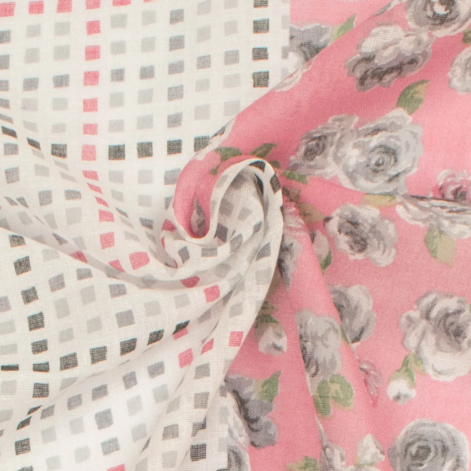 Border Printed Cotton Voile Design-15 Grey & Pink Checks/Grey Roses on Pink