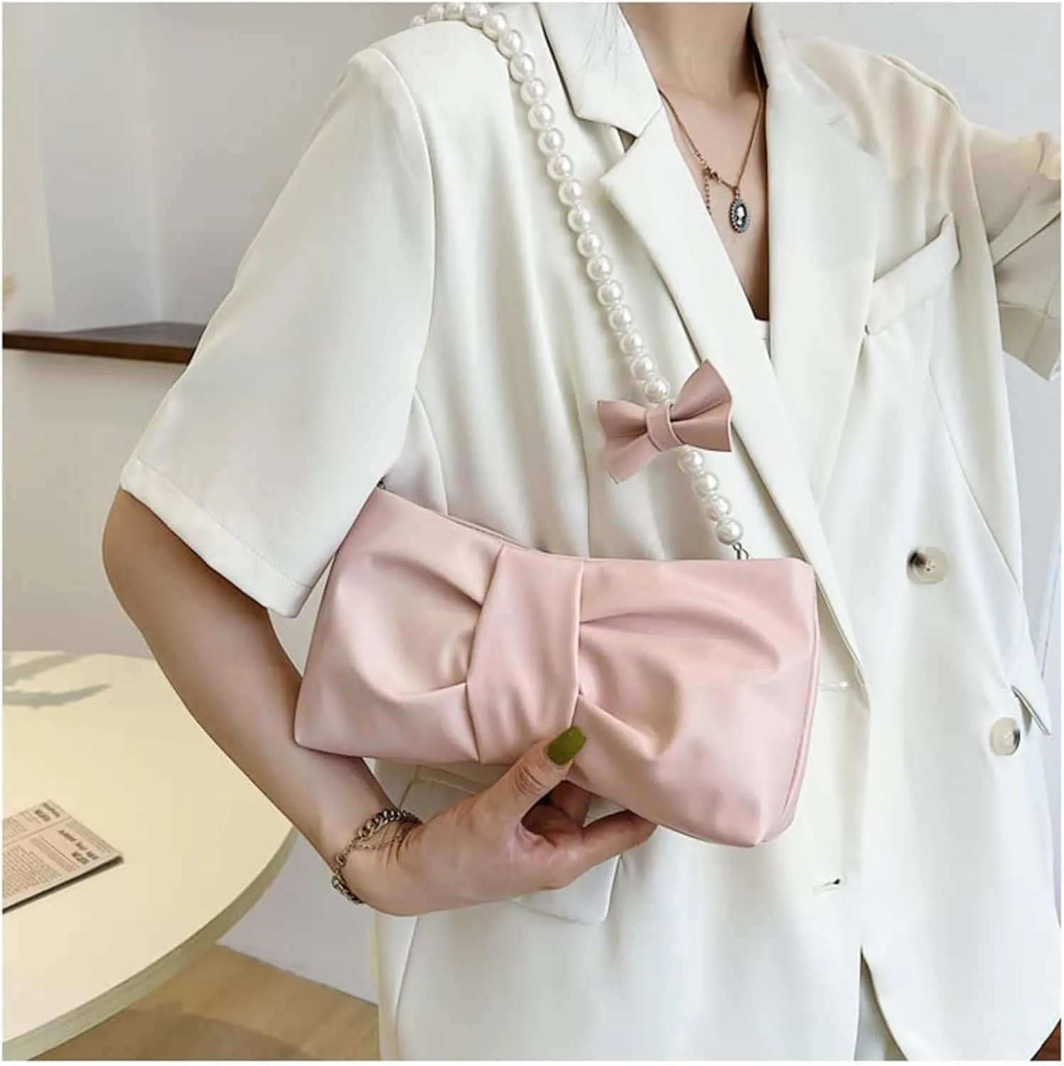 Bow Clutch Evening Handbag Pearl Purse for Women Ladies Bridal Soft Leather Ruched Crossbody Bags Shoulder Bag