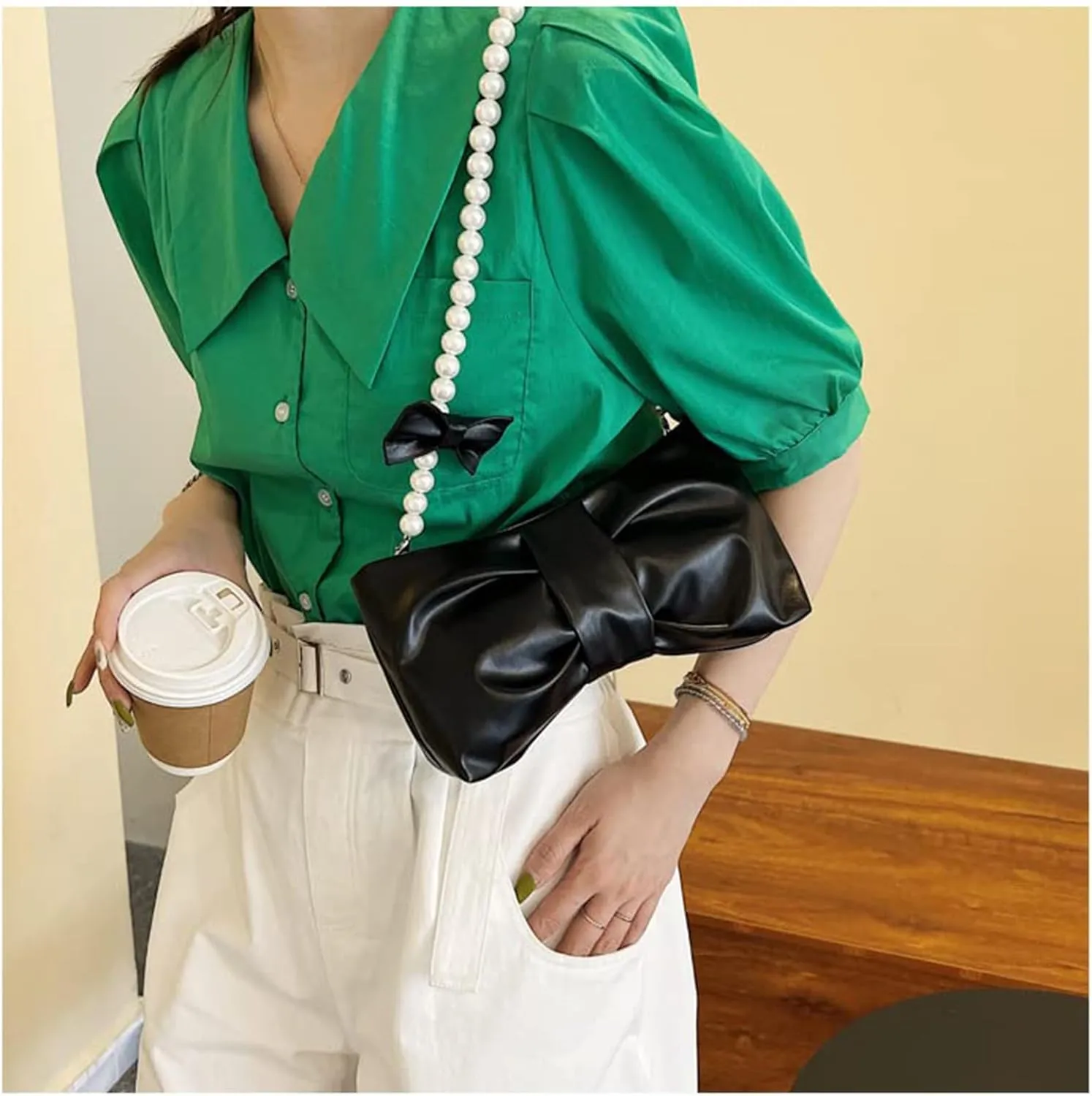Bow Clutch Evening Handbag Pearl Purse for Women Ladies Bridal Soft Leather Ruched Crossbody Bags Shoulder Bag