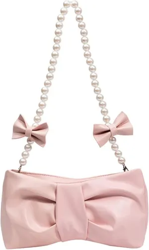 Bow Clutch Evening Handbag Pearl Purse for Women Ladies Bridal Soft Leather Ruched Crossbody Bags Shoulder Bag