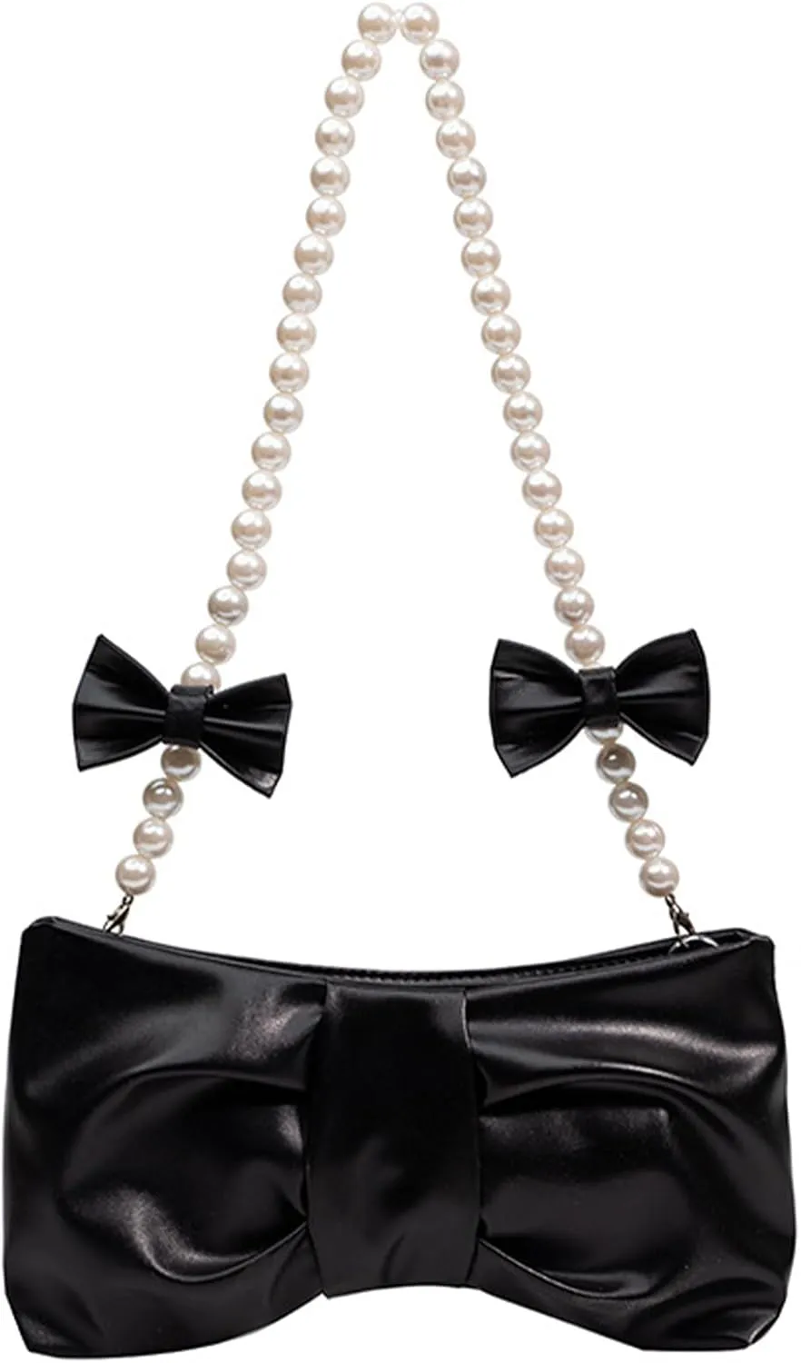 Bow Clutch Evening Handbag Pearl Purse for Women Ladies Bridal Soft Leather Ruched Crossbody Bags Shoulder Bag