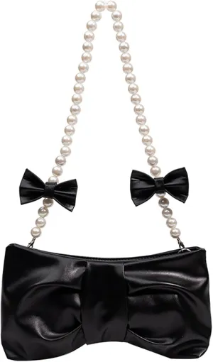 Bow Clutch Evening Handbag Pearl Purse for Women Ladies Bridal Soft Leather Ruched Crossbody Bags Shoulder Bag