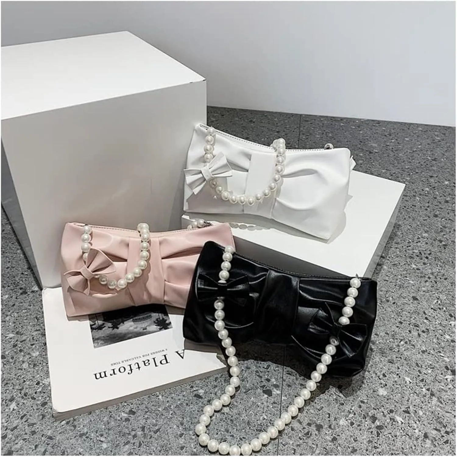 Bow Clutch Evening Handbag Pearl Purse for Women Ladies Bridal Soft Leather Ruched Crossbody Bags Shoulder Bag